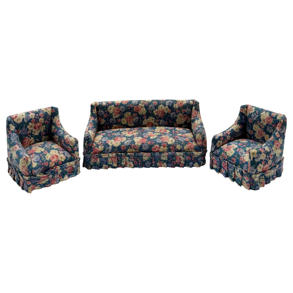 3 PC Vintage Dollhouse Furniture Miniature Floral Upholstered Sofa Chairs 1:12